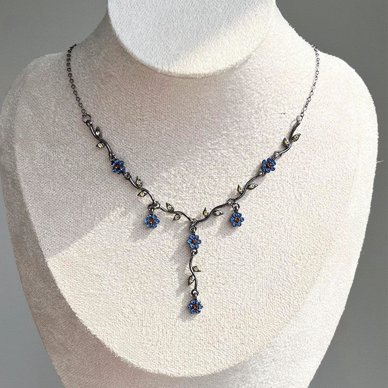 Wholesale Blue plum blossom glaze necklace French retro clavicle chain